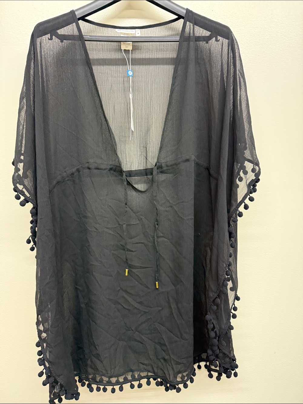 Bleu Rod Beattie Black Pom-Pom Sheer V-Neck Swim Coverup